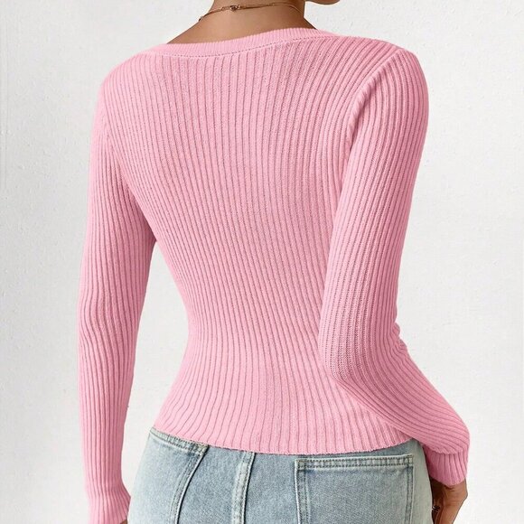 Pink Casual Women's Slim Solid Color Rib Knit Cardigan - Picture 2 of 7